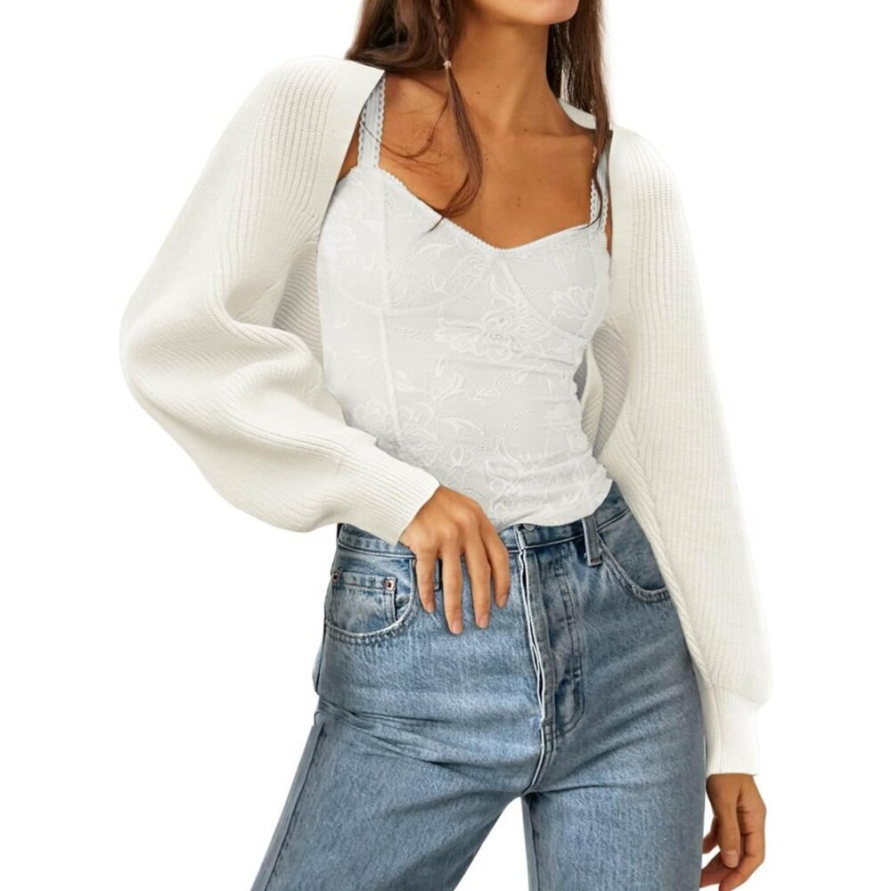 Women's Knitted Long Sleeve Open Front Cropped Bolero Shrug Sweater